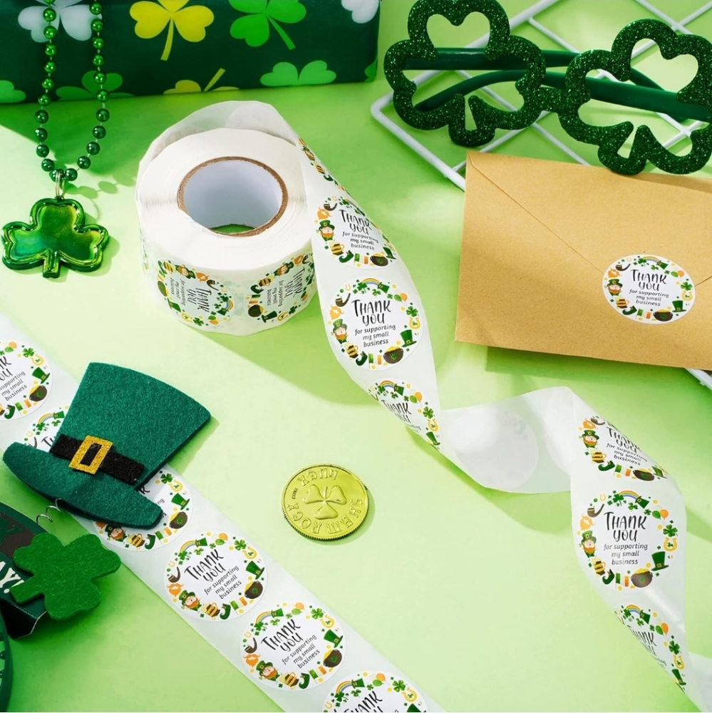 50 ct 1.5" St. Patrick's Day Thank You Supporting Stickers Shamrock Hat - Picture 2 of 10